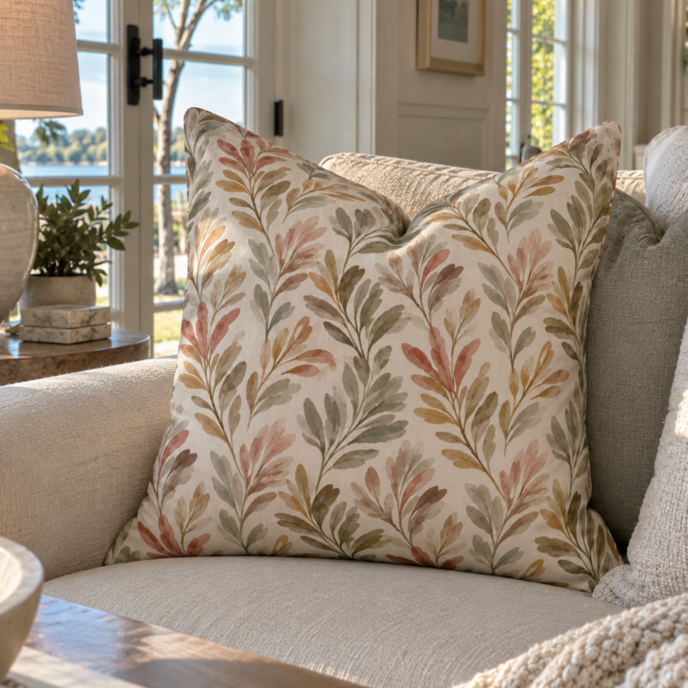 Earth tone botanical accent pillow in green, blush, and gold on a linen sofa