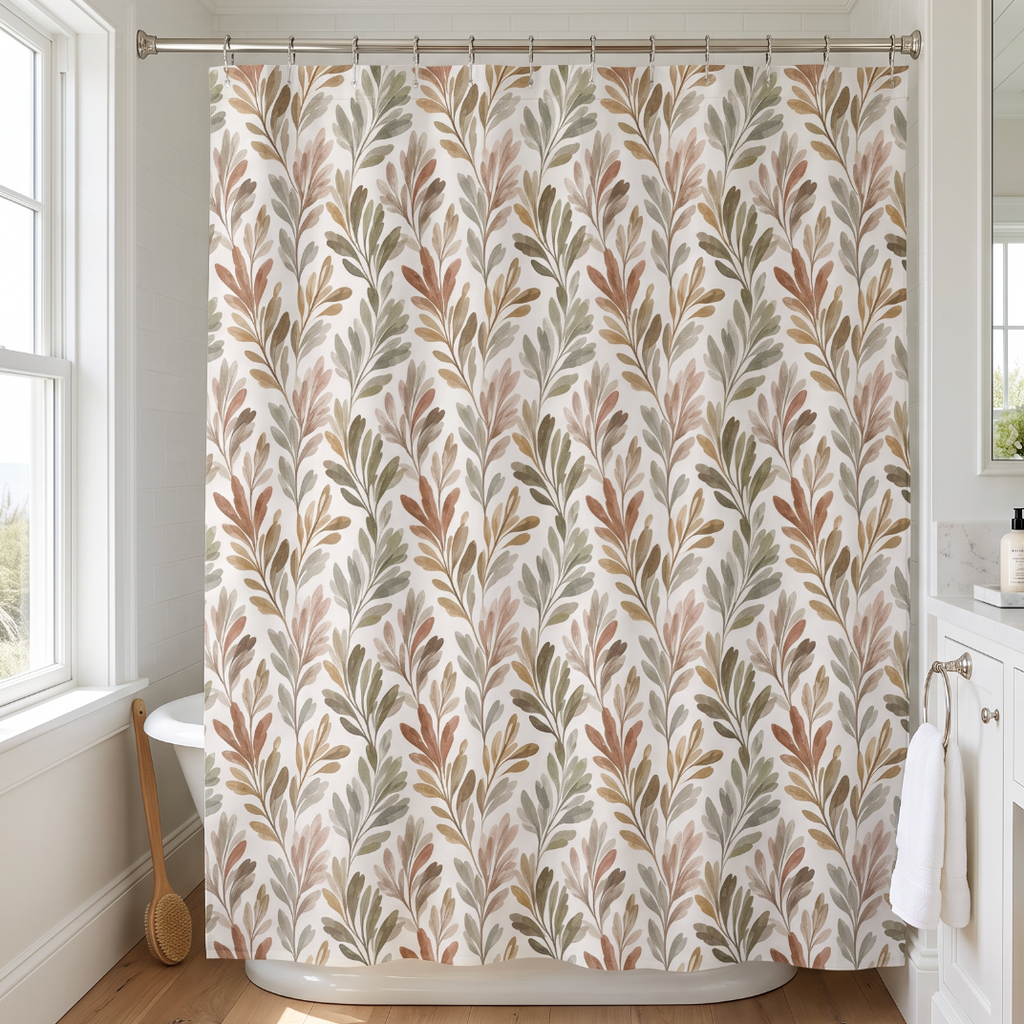 Neutral fall foliage shower curtain creating a calm, layered focal point in a guest or primary bathroom.