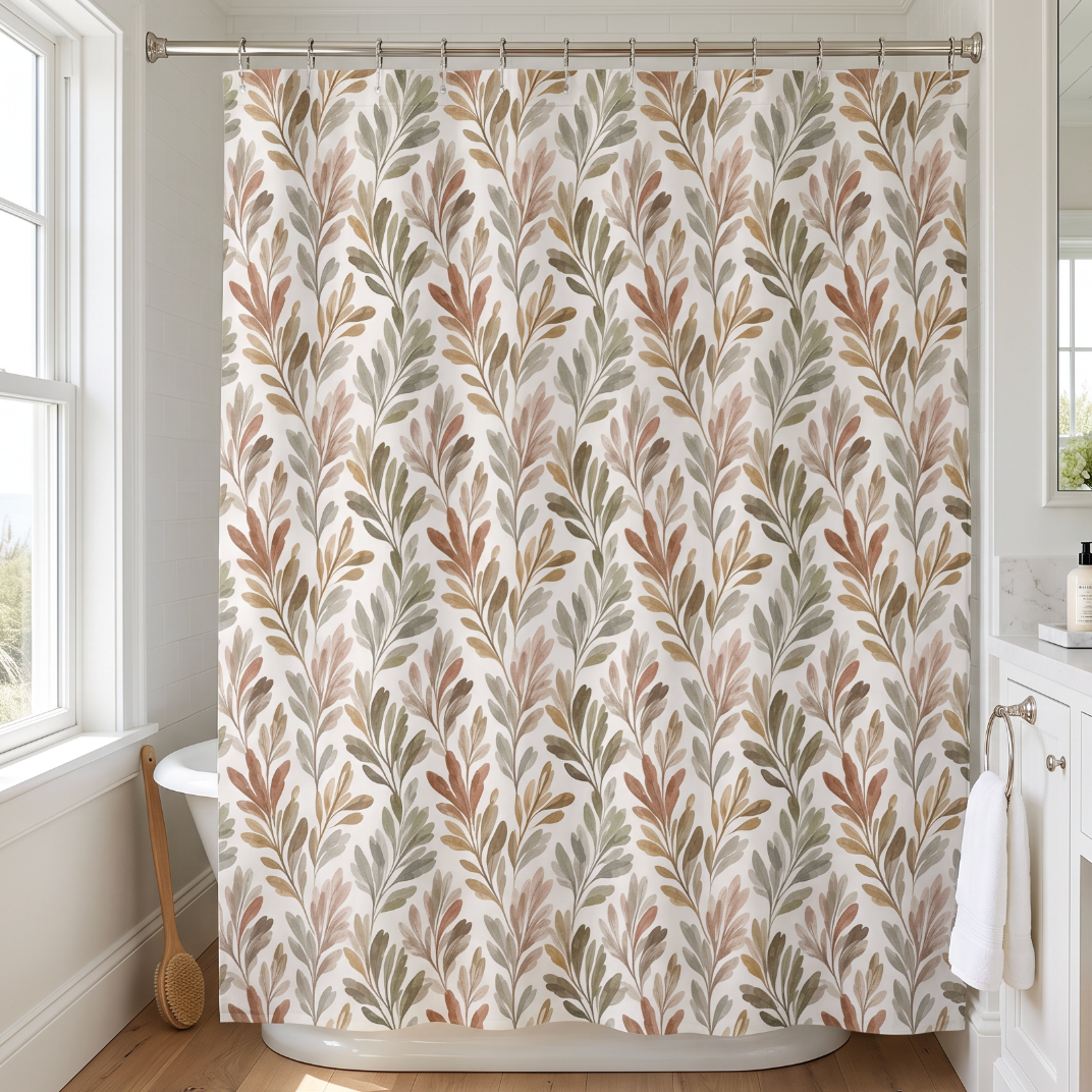 Neutral fall foliage shower curtain creating a calm, layered focal point in a guest or primary bathroom.