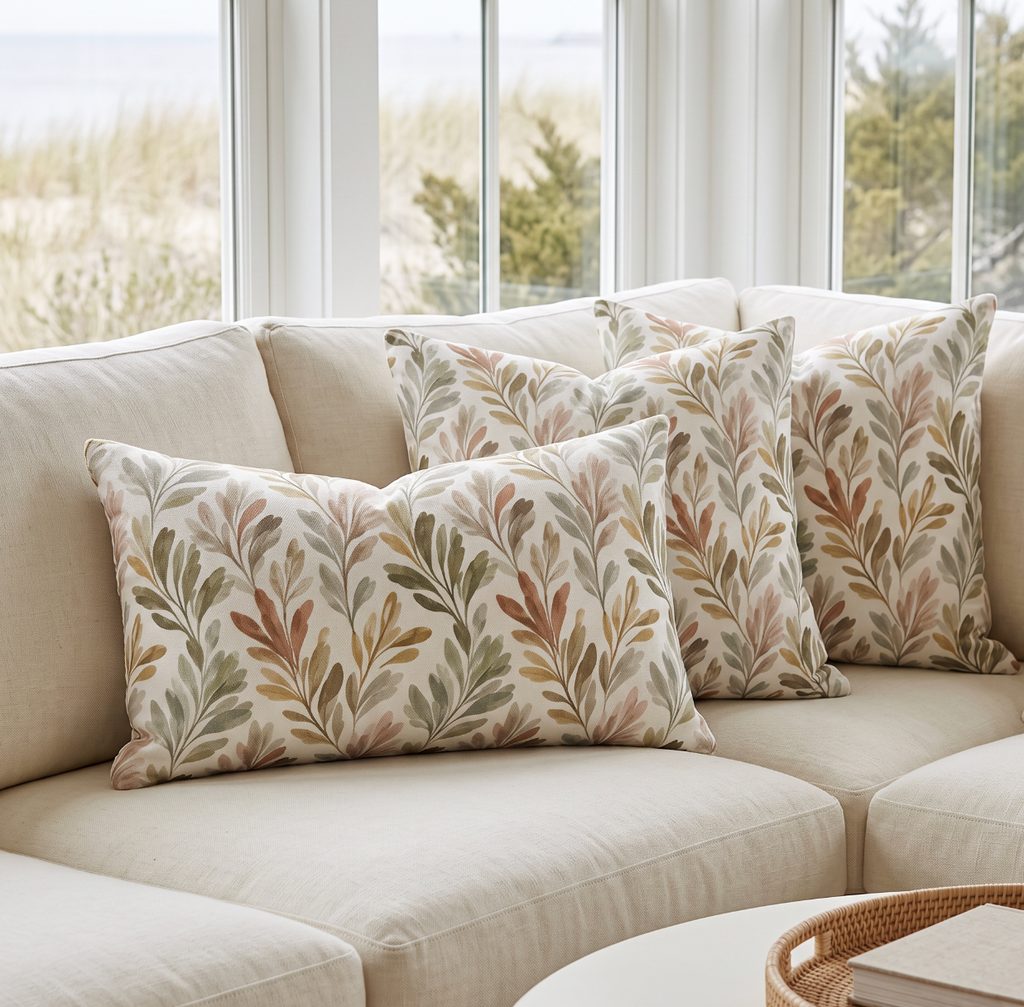 Olive branch patterned accent pillow styled on a cream sectional sofa in a bright coastal living room.