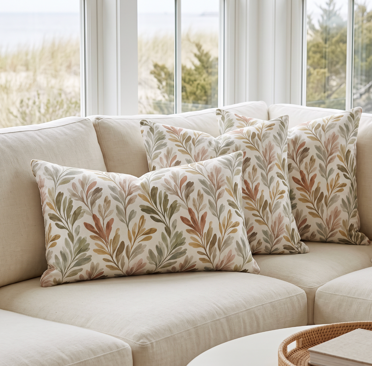Olive branch patterned accent pillow styled on a cream sectional sofa in a bright coastal living room.