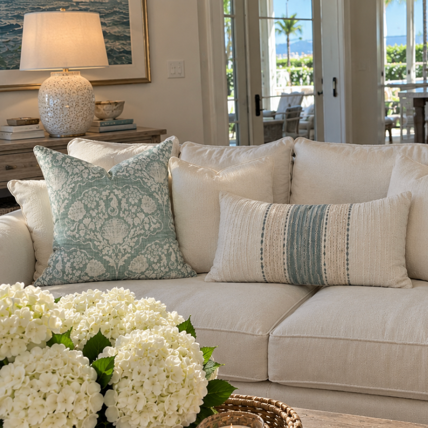 Sage green seahorse pillow styled on a neutral sofa in a bright beach house.