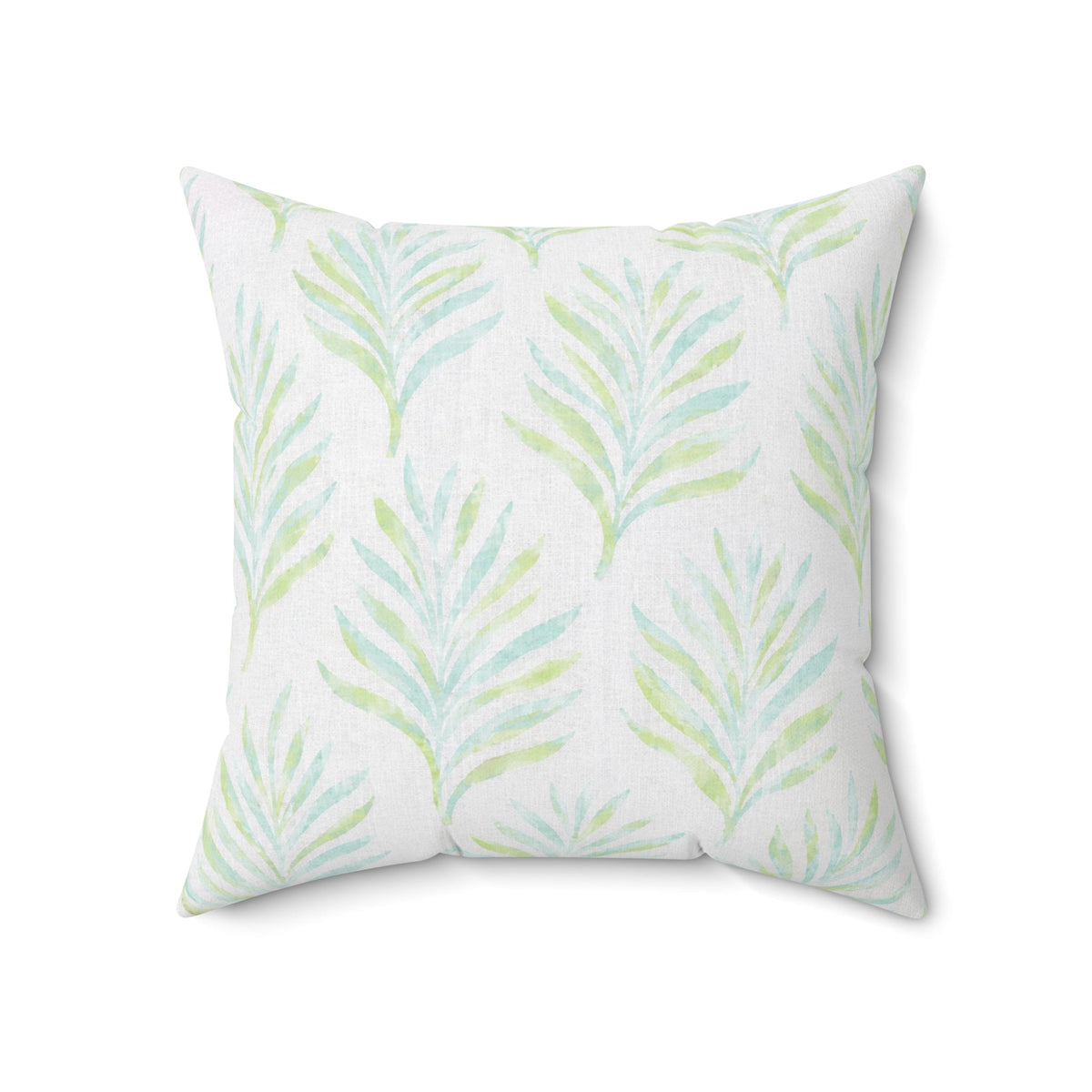 Sage green and blue tropical leaf pillow for coastal decor