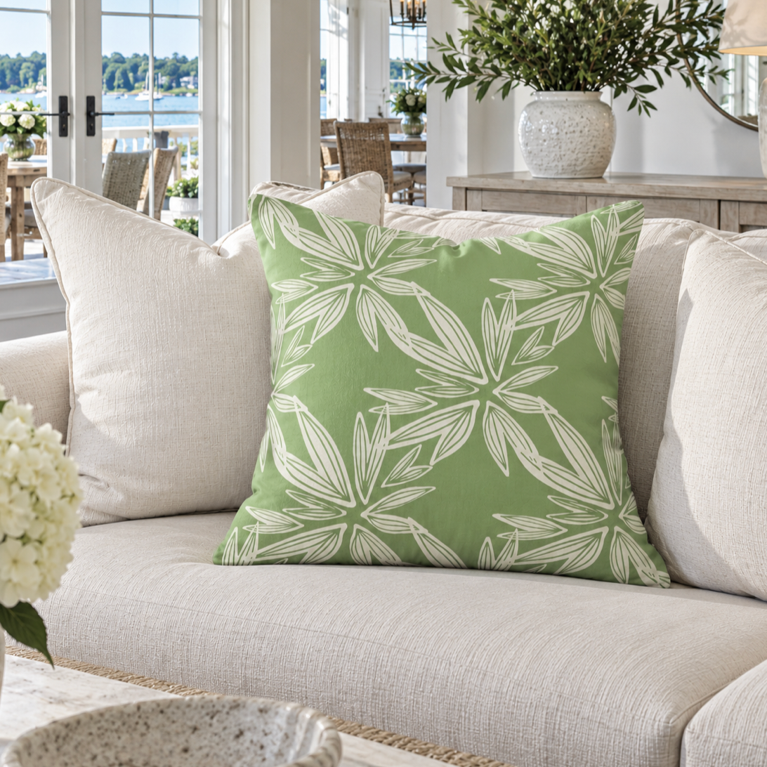 Sage green botanical pillow for a luxury coastal living room