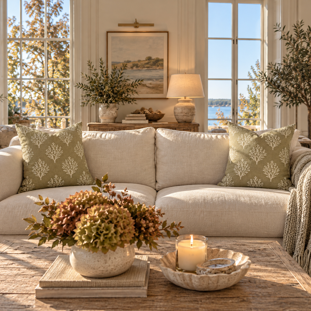 Sage green coastal decorative pillow styled on a neutral sofa.