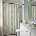 Vintage sage green damask shower curtain with ivory motifs and elegant spa-inspired styling