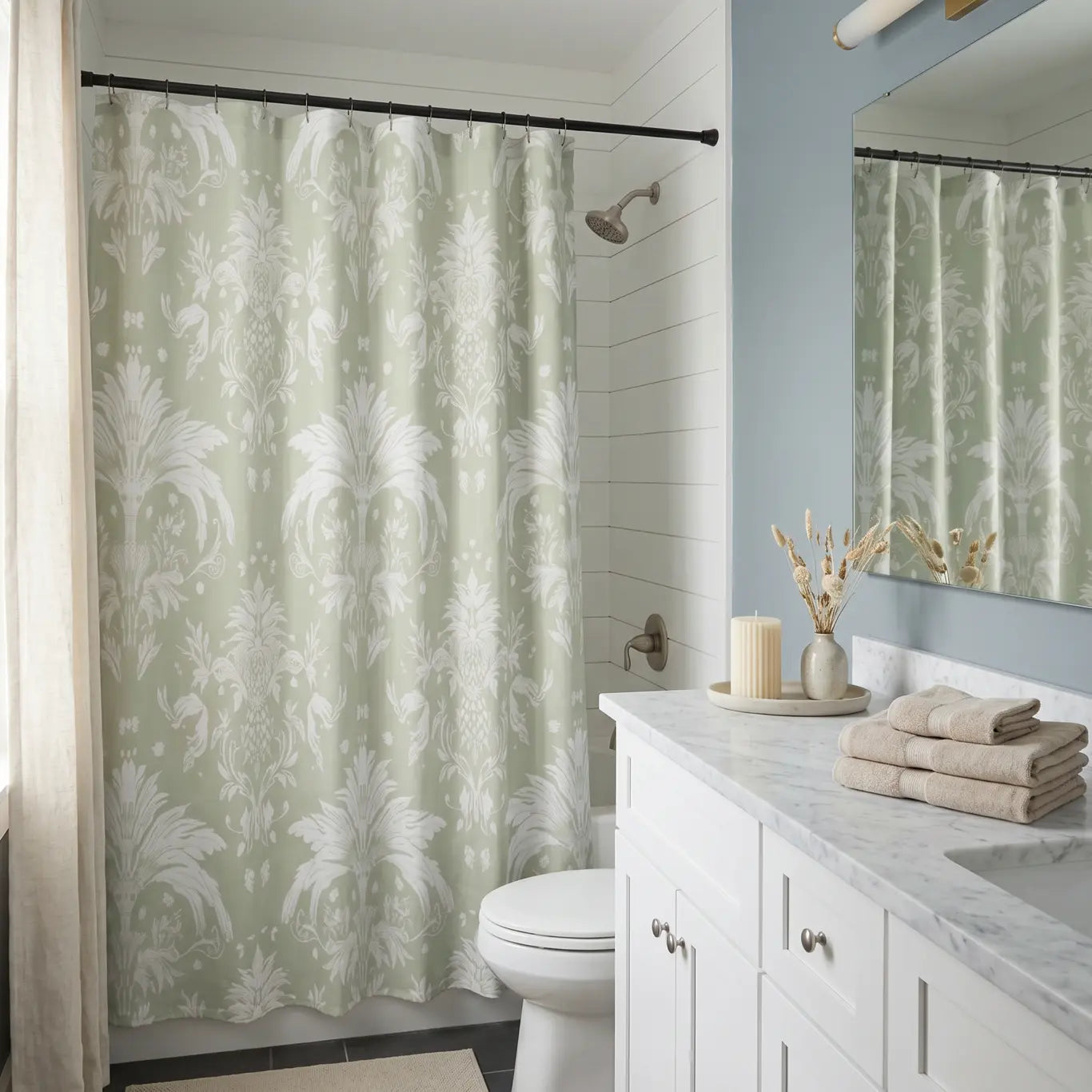 Vintage sage green damask shower curtain with ivory motifs and elegant spa-inspired styling
