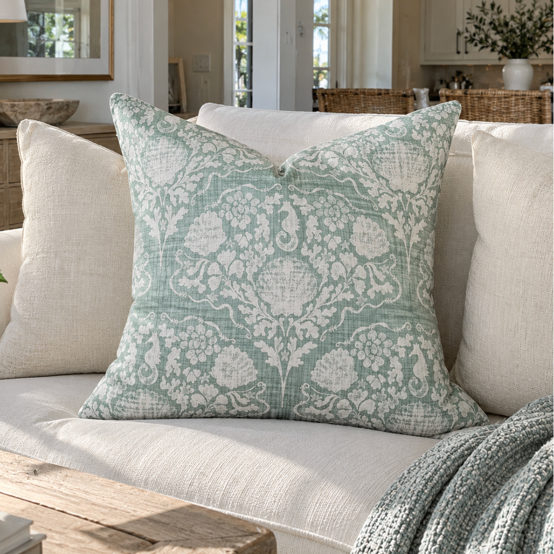 Coastal sage green damask seahorse throw pillow styled in an elegant beach house.
