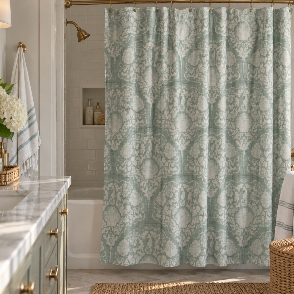 Sage green damask shower curtain with white vintage floral pattern in a bathroom