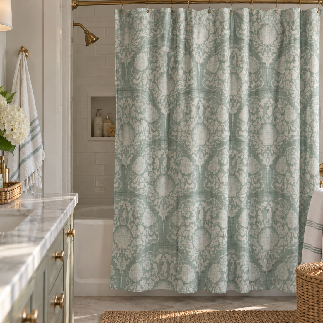 Sage green damask shower curtain with white vintage floral pattern in a bathroom