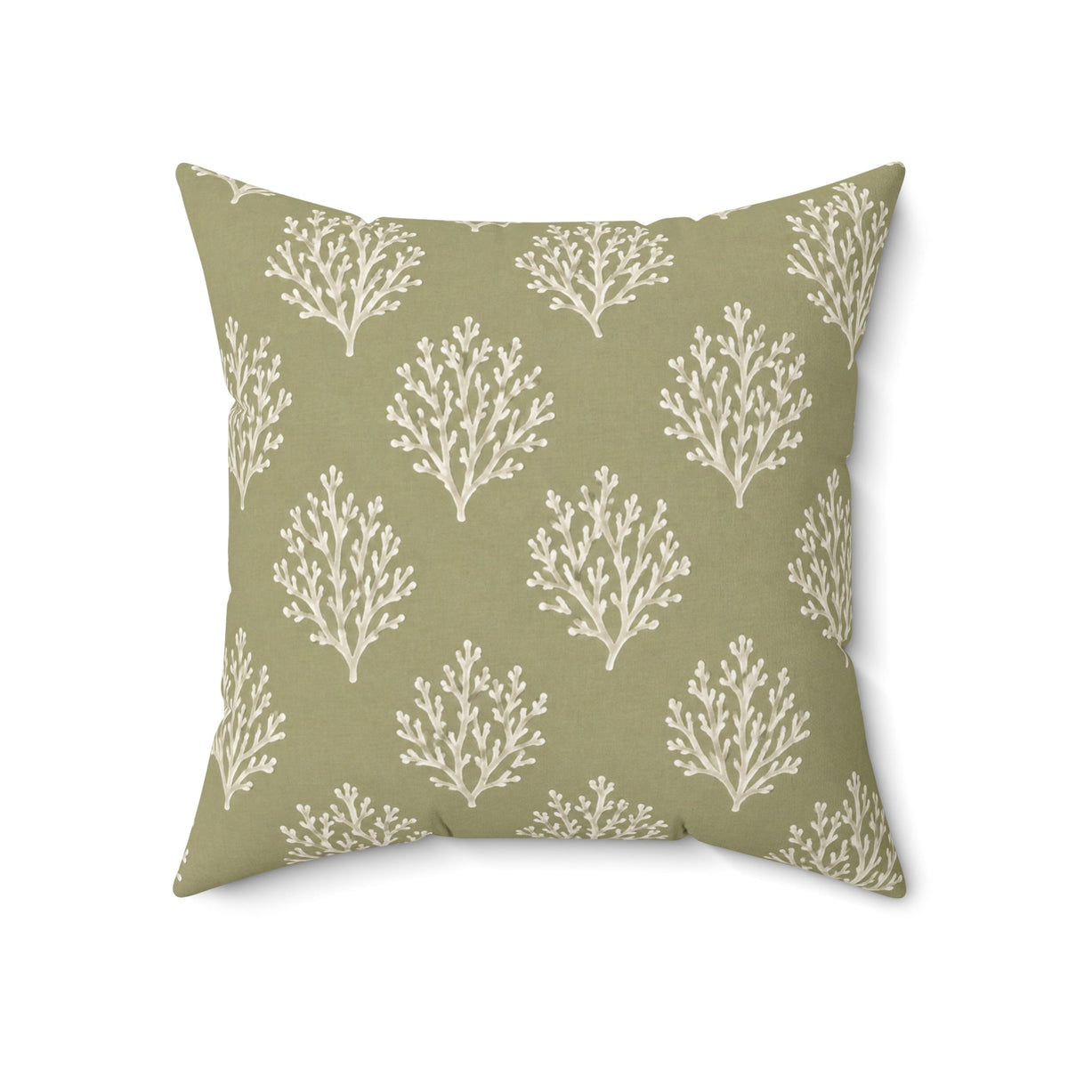 Sage green nautical accent pillow with an allover white sea coral pattern