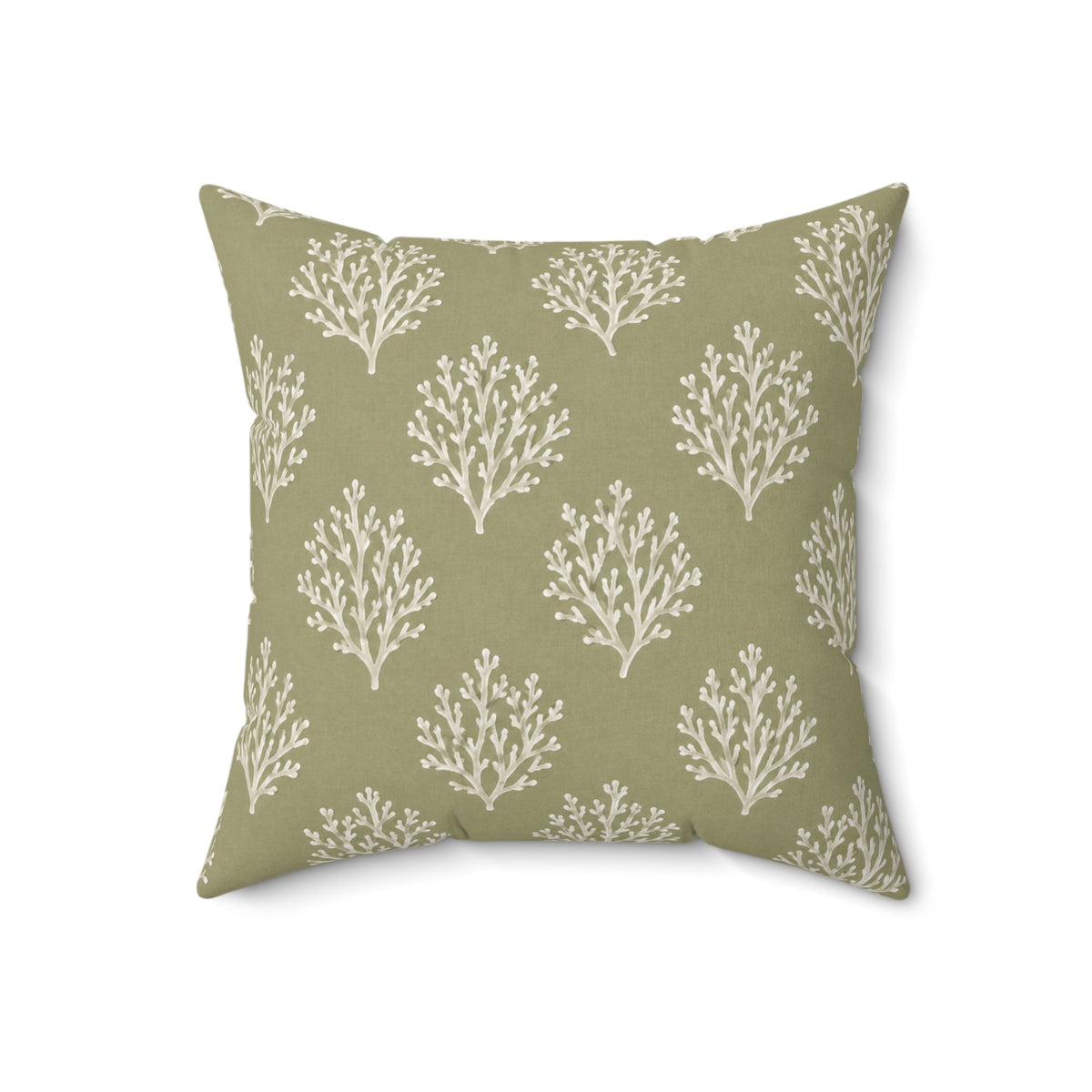 Sage green ocean-inspired decorative pillow with a repeating coral design
