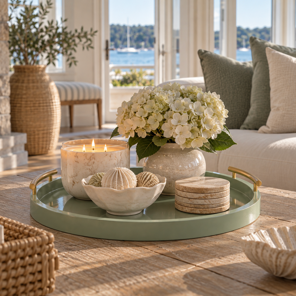 Sage green round decorative tray for living room decor