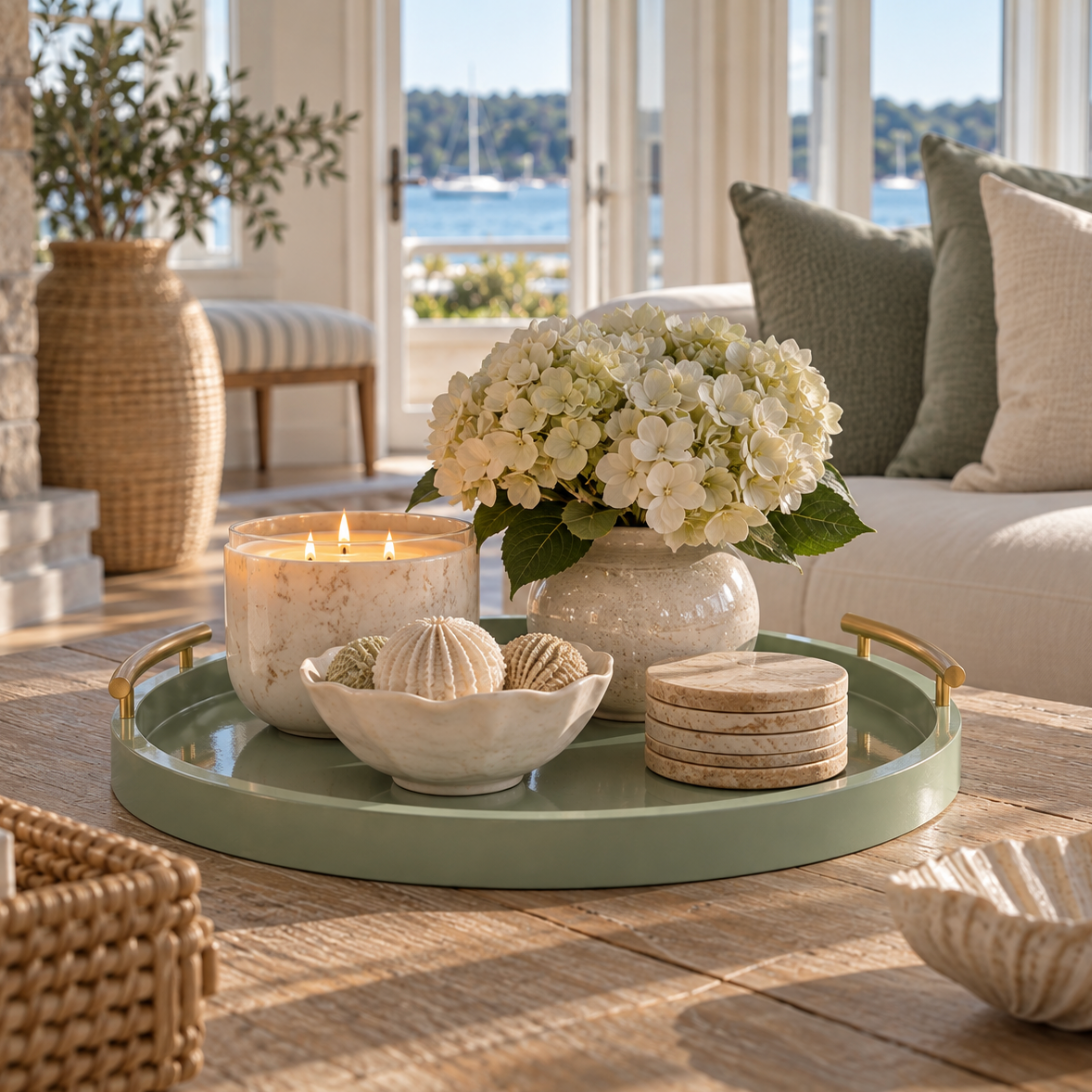 Sage green round decorative tray for living room decor