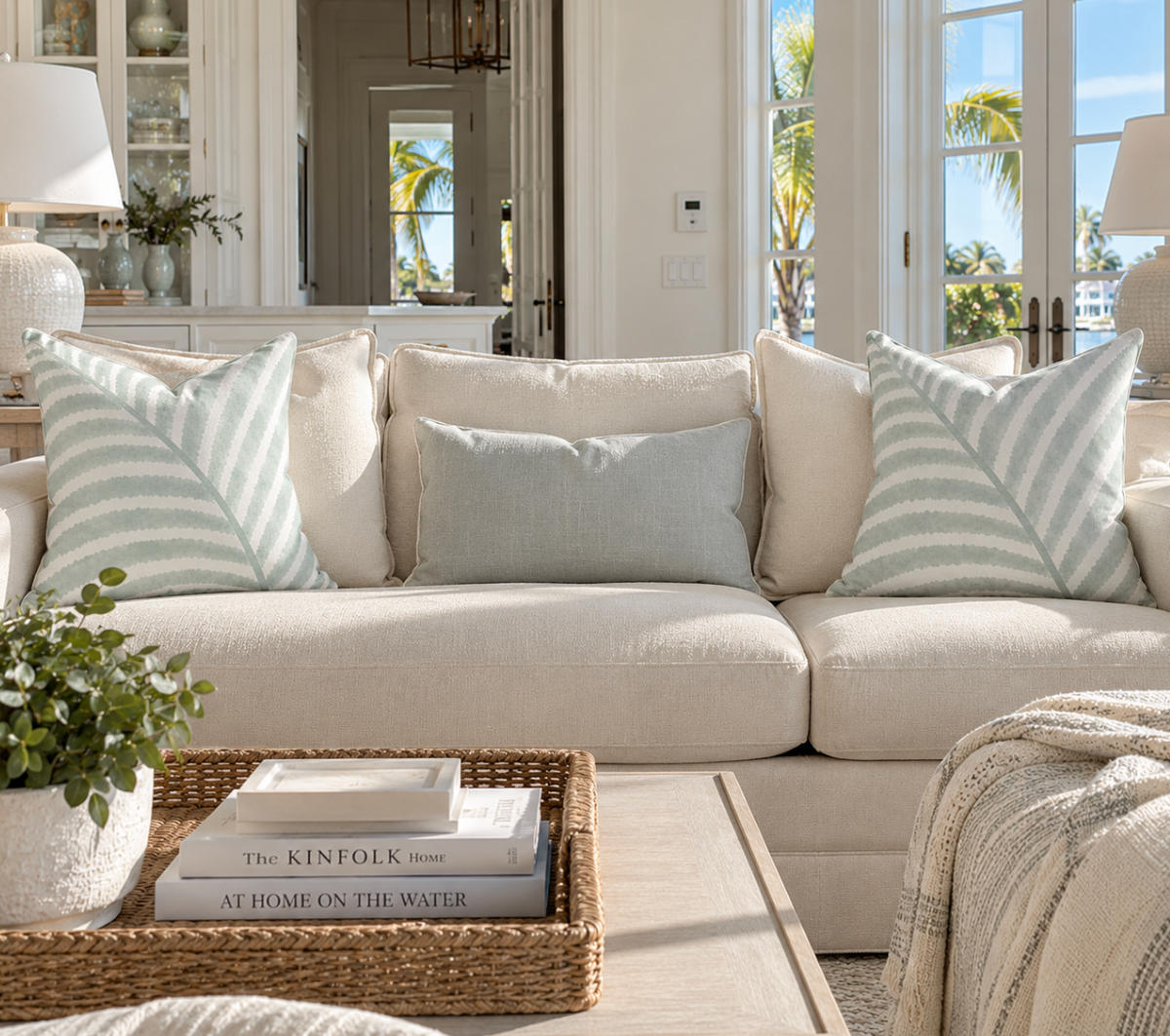 Sage green and white striped throw pillow styled on a sofa in a bright coastal living room.