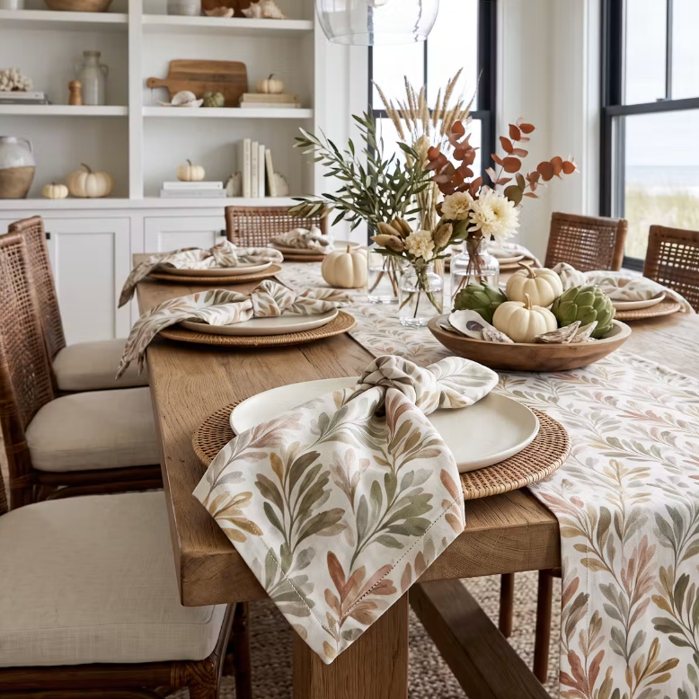 Botanical olive grove dinner napkins with soft sage leaves and muted terracotta accents on an ivory background.