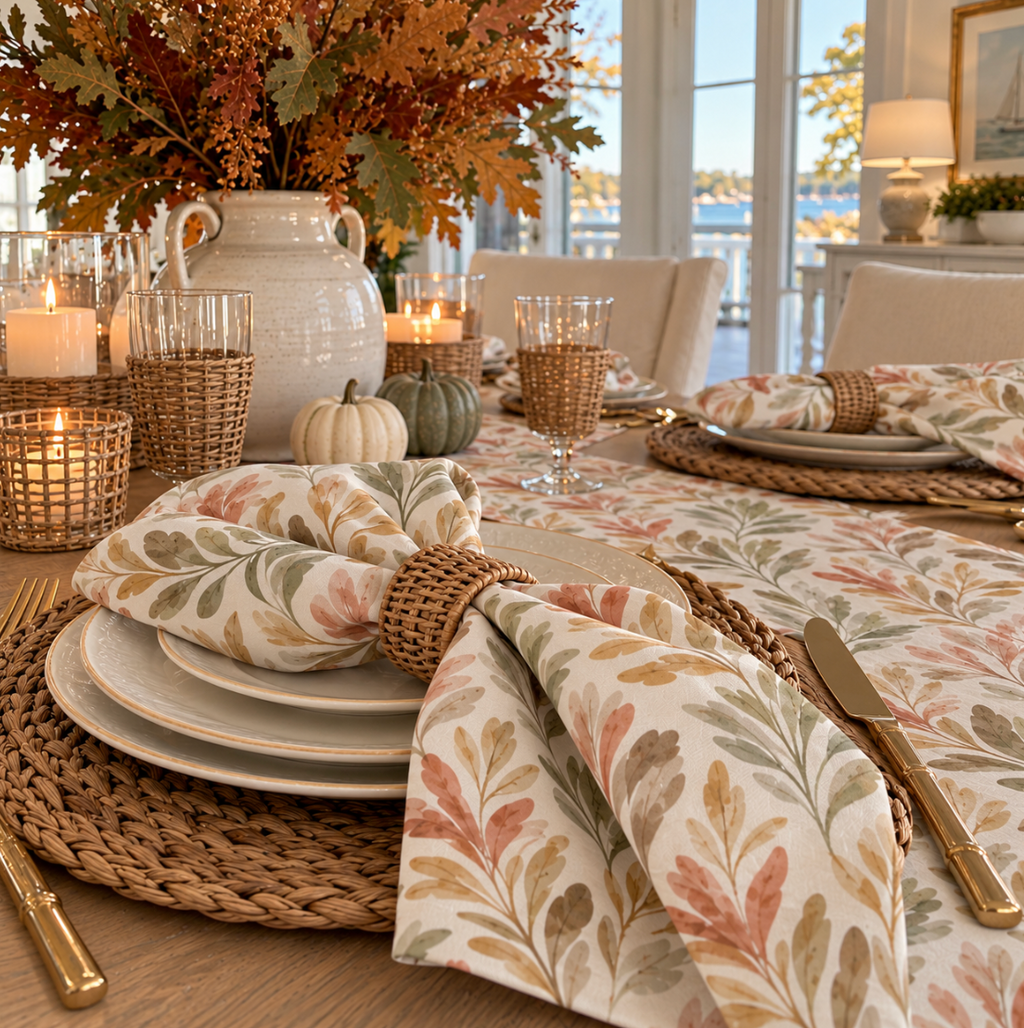 Sage and rust fall napkins featuring a botanical leaf pattern.