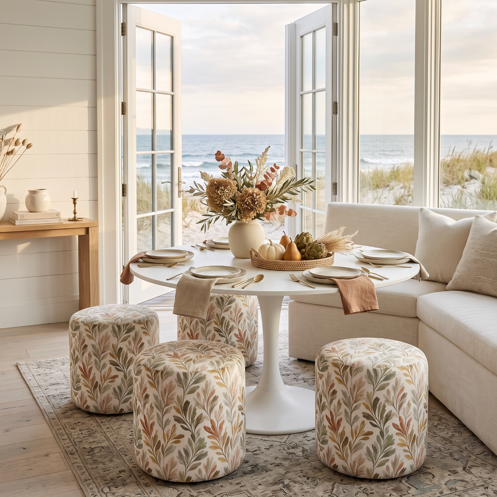 Neutral floral cylinder ottoman styled as a footrest in a warm fall living room with white shiplap walls.