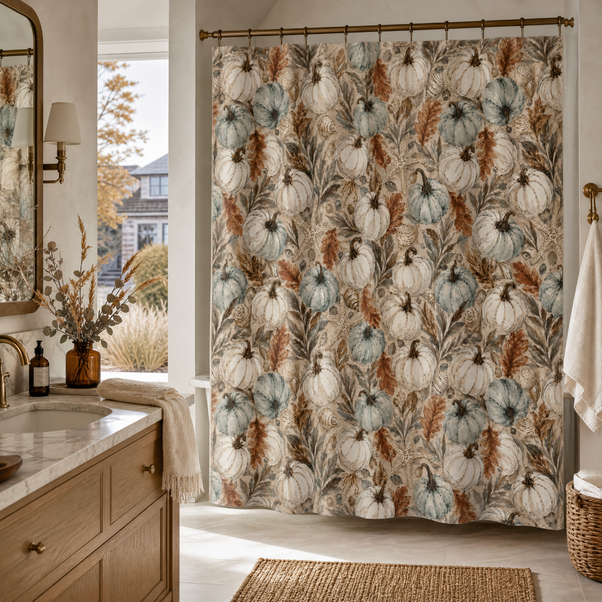 Sage and terracotta botanical and pumpkin bath curtain for a cozy neutral fall bathroom