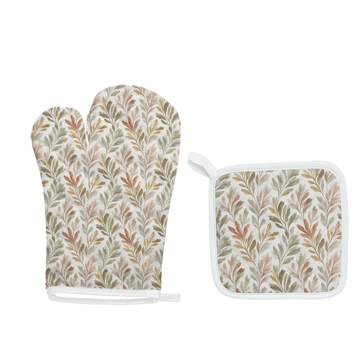 Fall-inspired oven mitt and pot holder set with muted botanical print and hanging loop detail