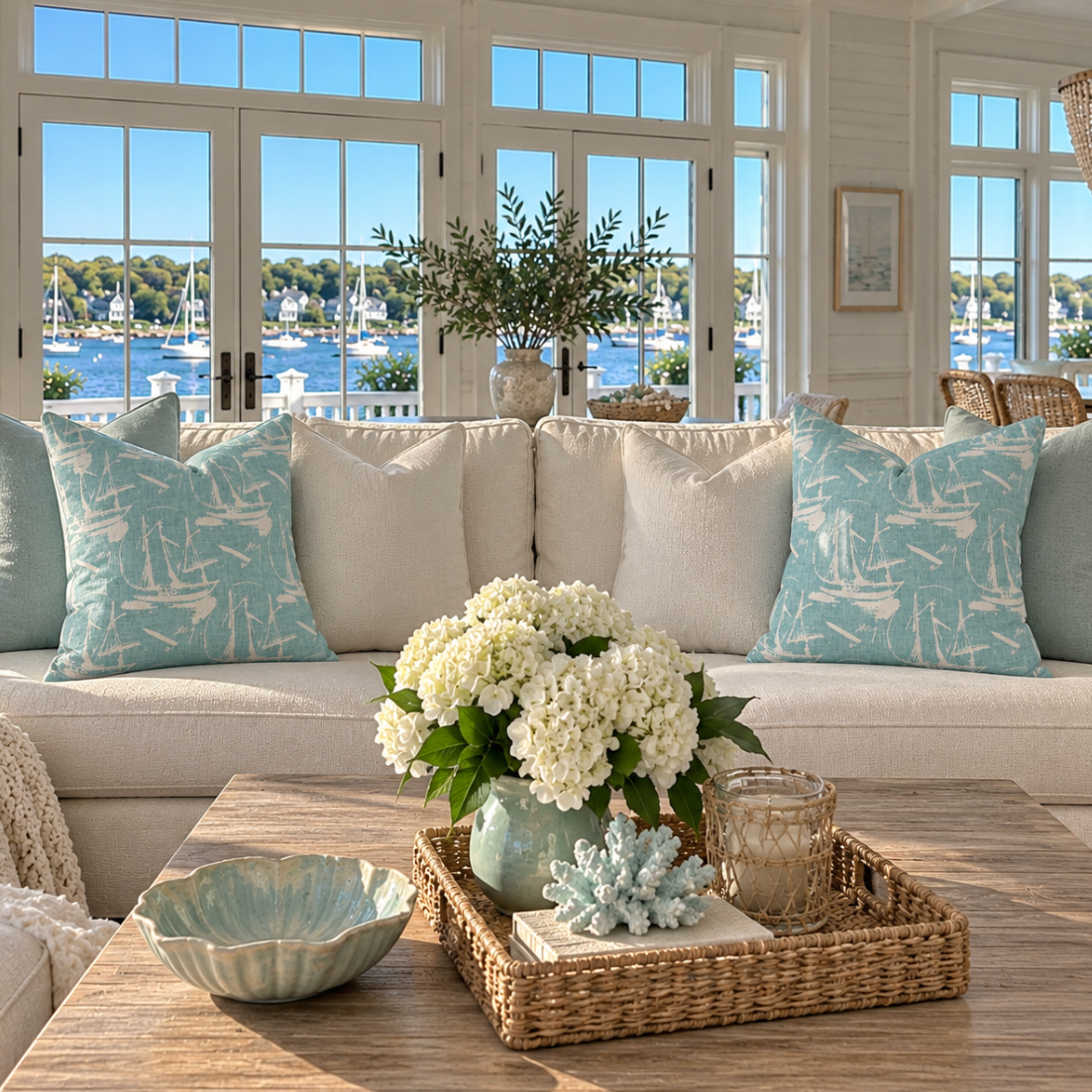 Coastal decorative pillow featuring an aqua sailboat print.