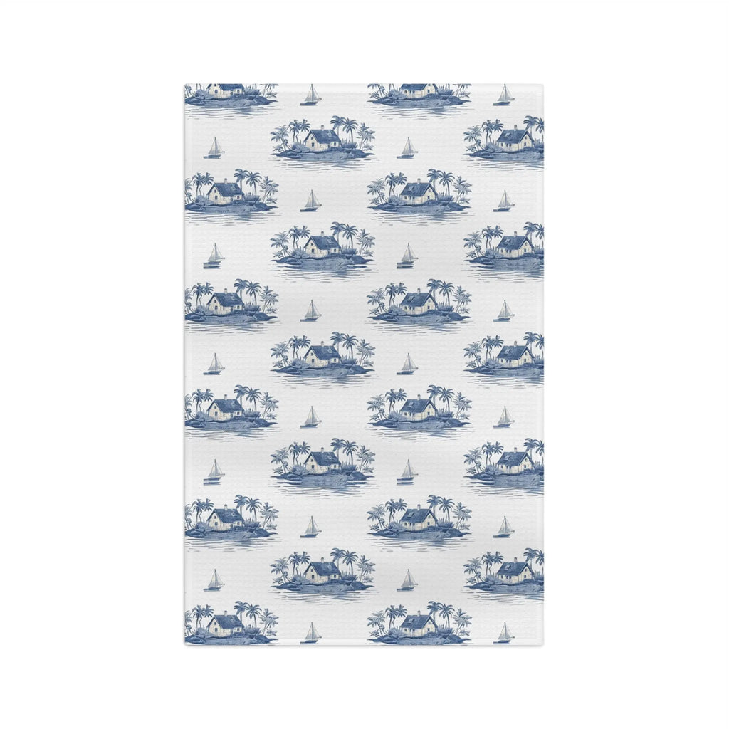 Blue Sailboat & Island Toile Kitchen Towel Printify
