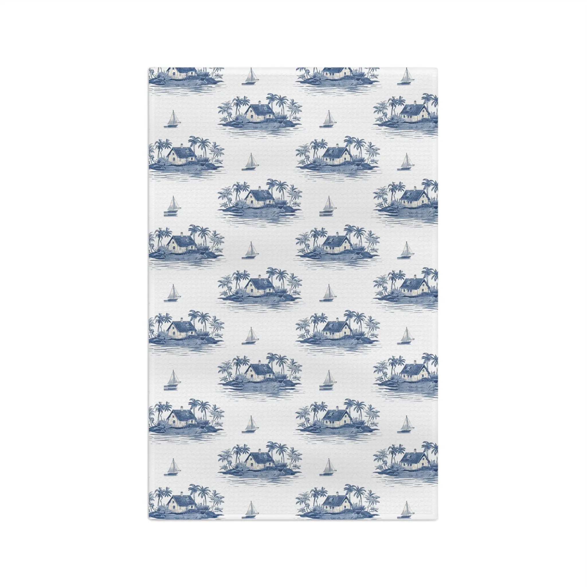 Blue Sailboat & Island Toile Kitchen Towel Printify