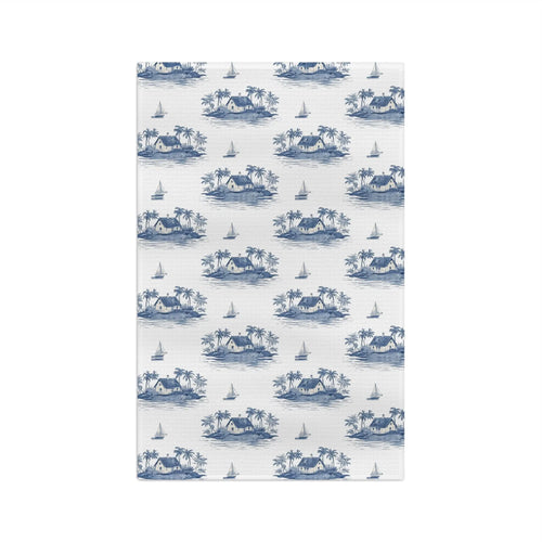 Blue Sailboat & Island Toile Kitchen Towel Printify