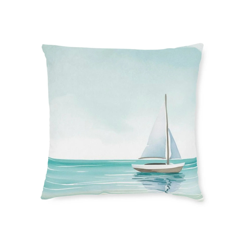 Sailboat Throw Pillow with a serene lone sailboat on turquoise water under a pale blue sky.