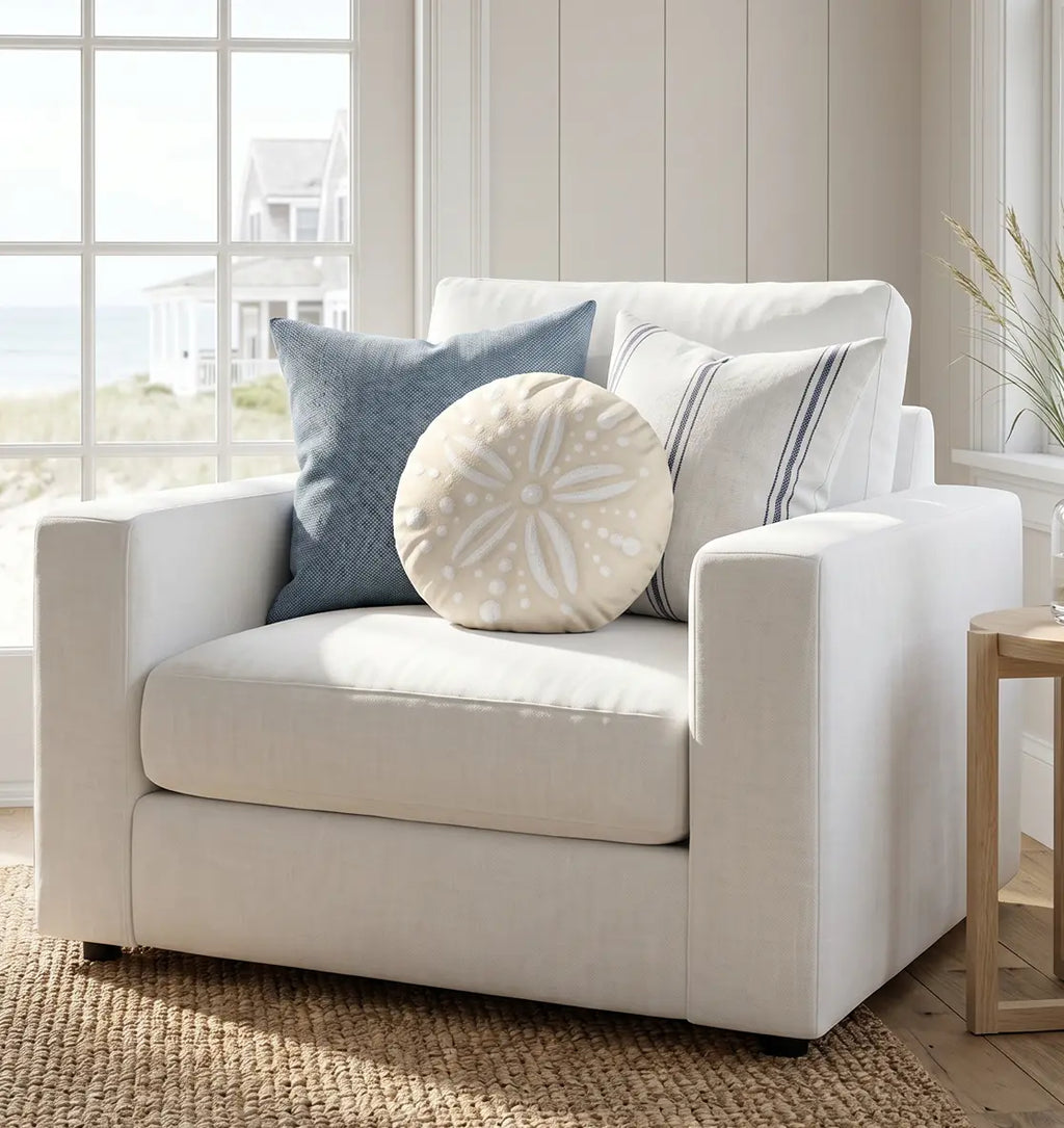 Sand dollar accent pillow displayed in a nautical living room