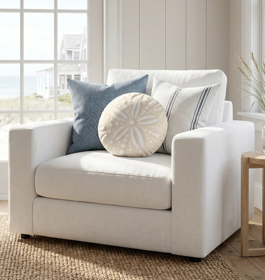 Sand dollar accent pillow displayed in a nautical living room