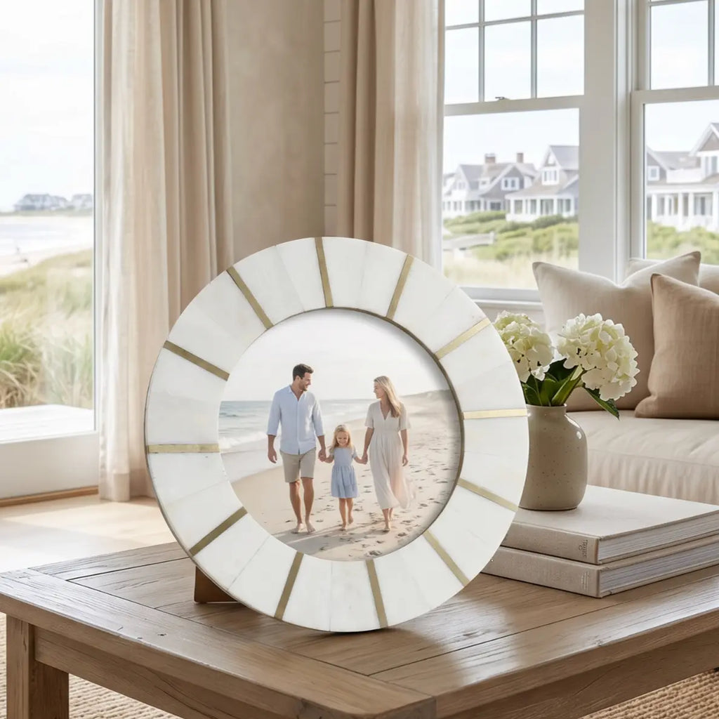 handcrafted round picture frame in neutral interior