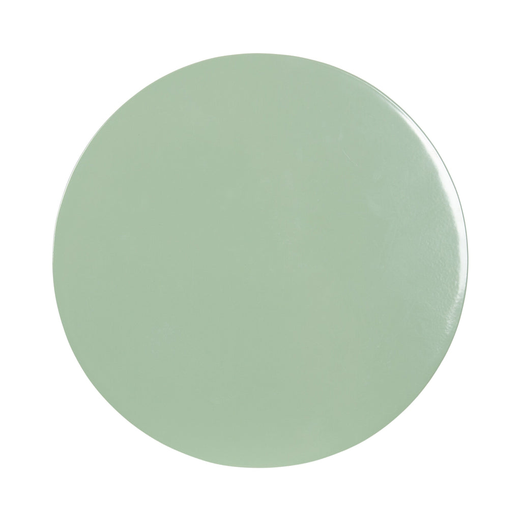 Soft green metal end table designed for holding beverages, books, flowers, or small décor accents.