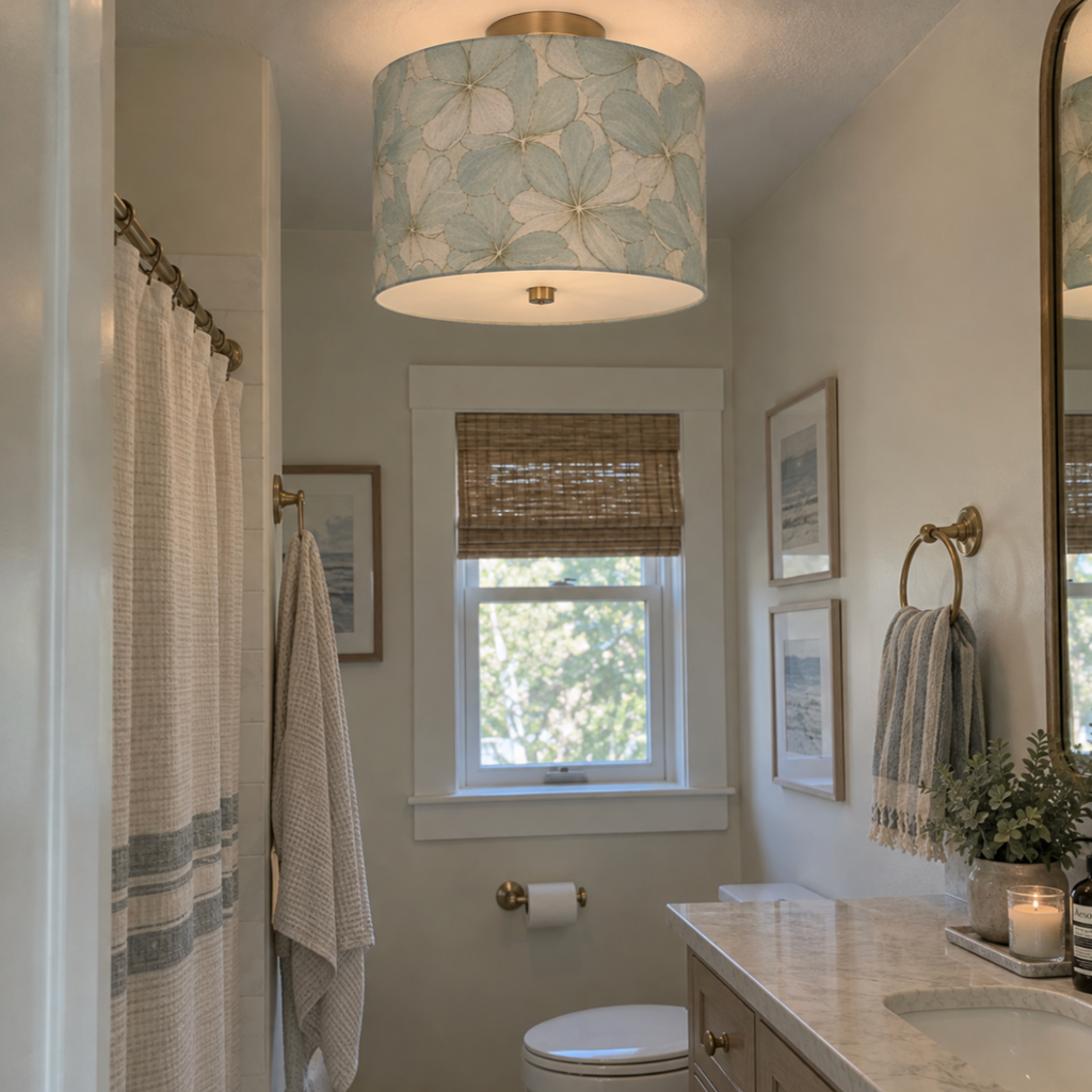 Sea-glass blue floral lamp shade with large hydrangea-inspired blossoms and neutral leaf details