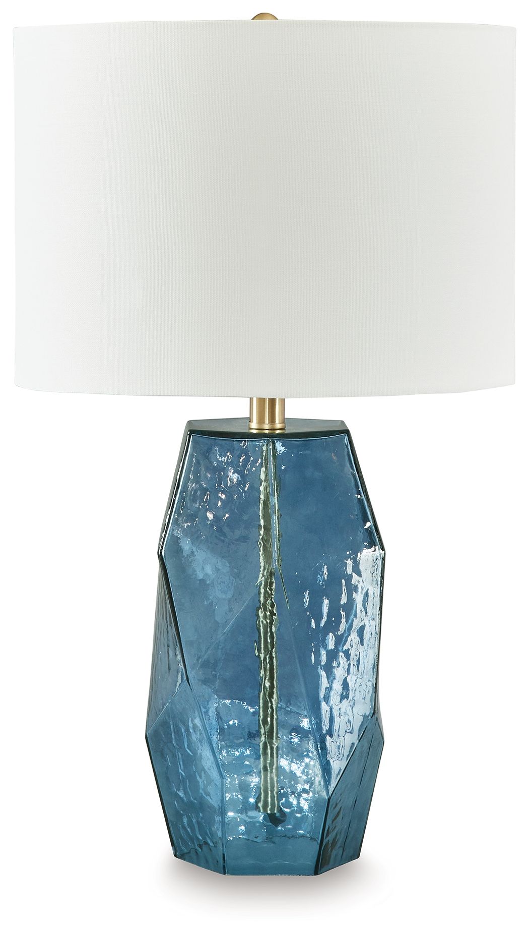 Blue transparent accent lamp with angular sides and white shade, ideal for a console, bedroom, or side table.