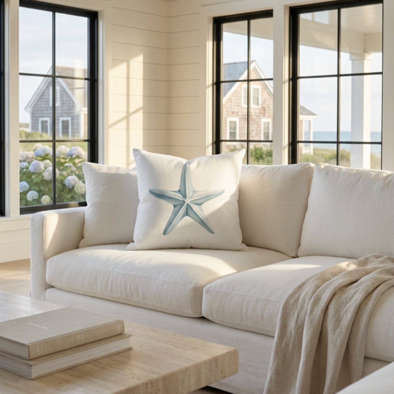 Beachy throw pillow with a blue starfish motif and coastal feel.