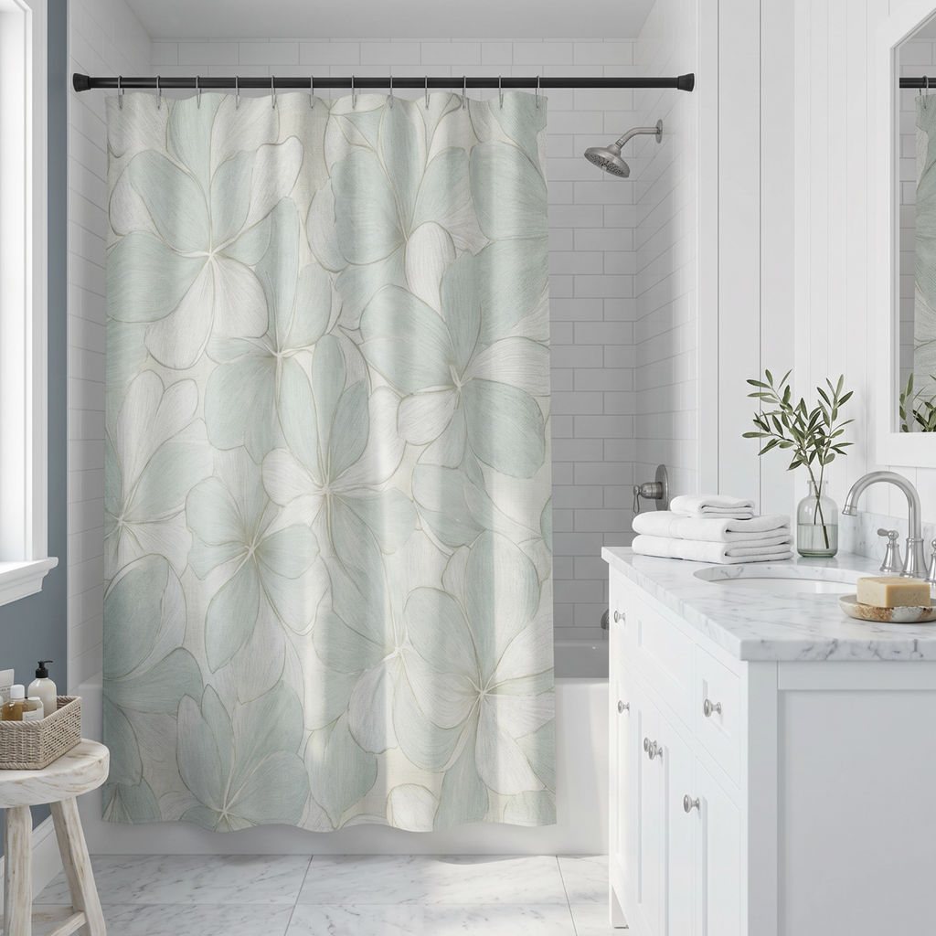 Sea mist blue floral pattern fabric shower curtain for modern coastal bathroom decor