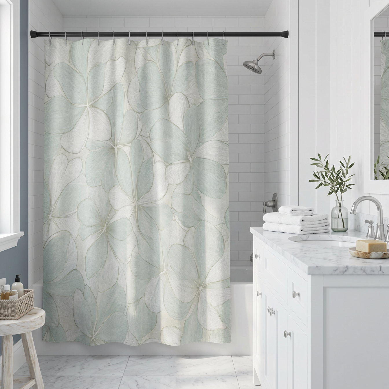 Sea mist blue floral pattern fabric shower curtain for modern coastal bathroom decor