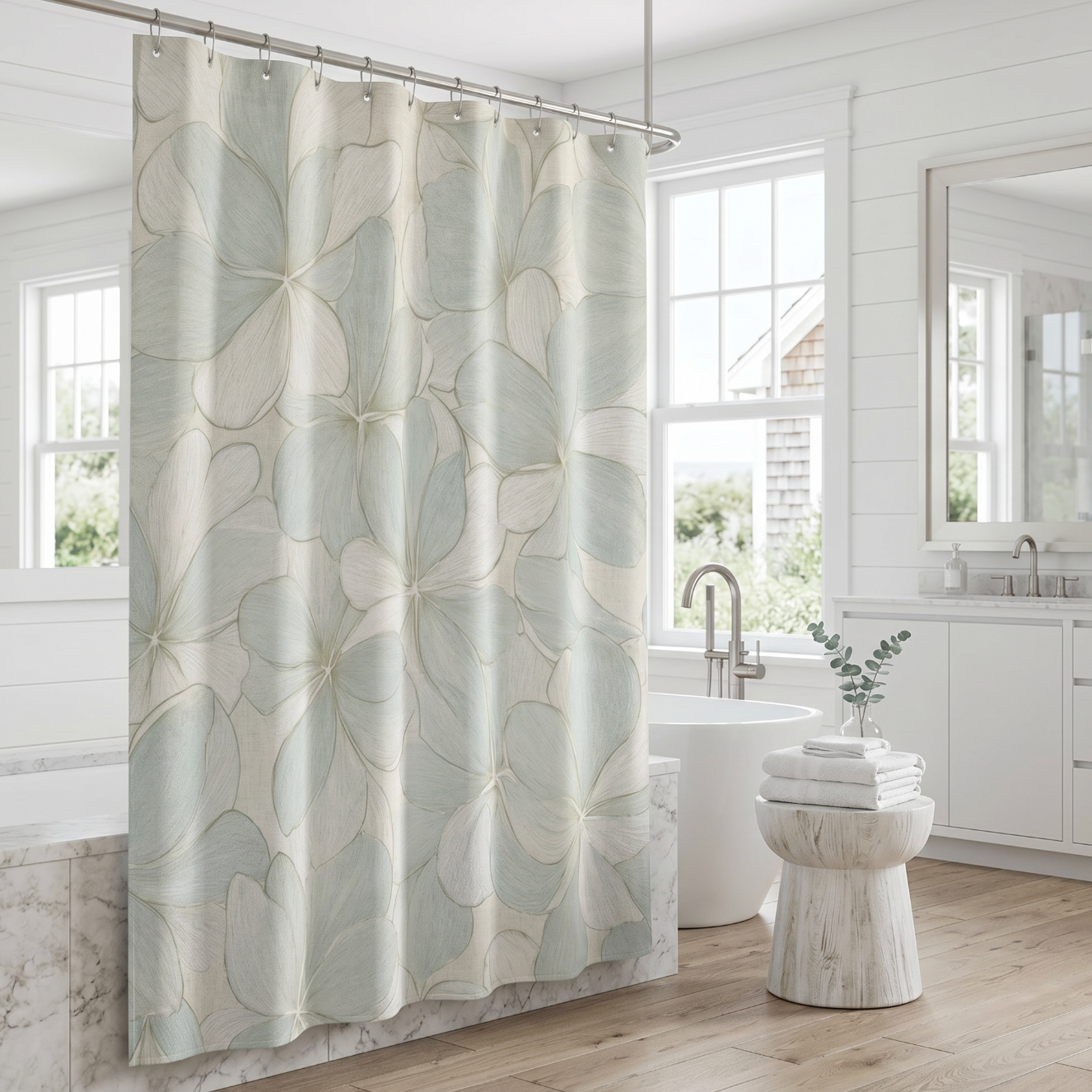 Coastal sea mist floral shower curtain used as a soft blue accent in a neutral bathroom