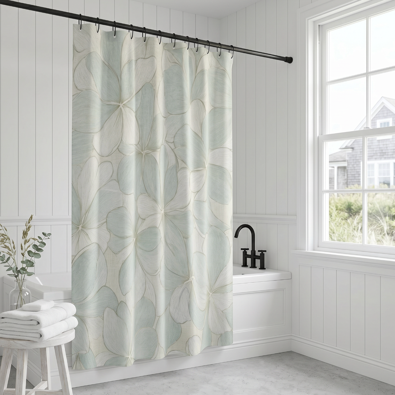 sea mist floral shower curtain in a coastal beach house bathroom