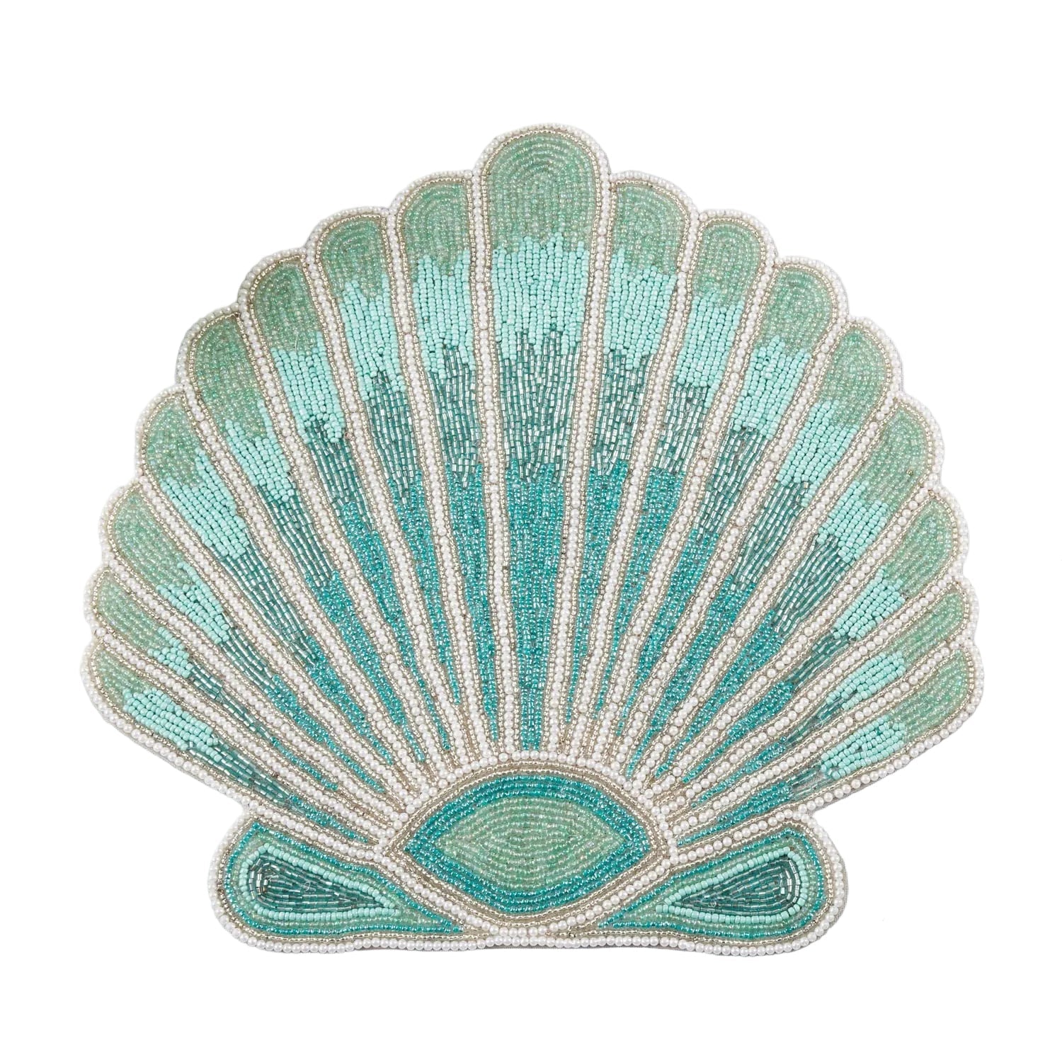 Shell‑shaped beaded placemat in soft aqua and white beads styled with clear glassware and neutral napkins.