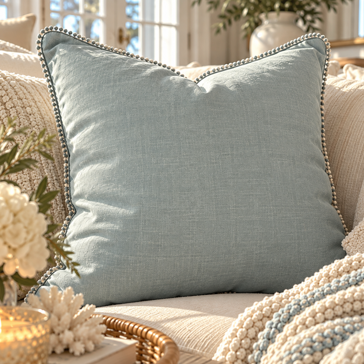 Seafoam blue linen-look throw pillow with white pom pom trim for coastal living room decor
