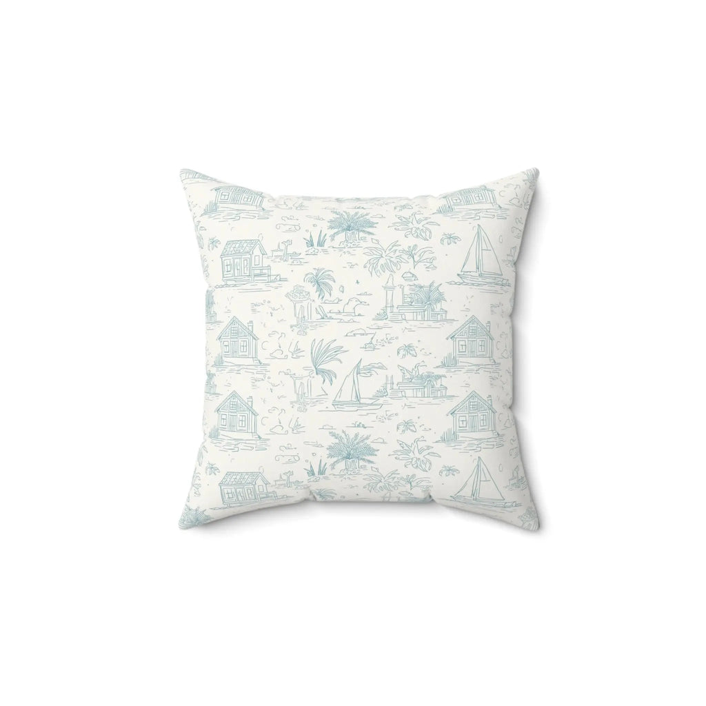 Light blue coastal toile throw pillow featuring seaside houses, palm trees, and sailboats pattern.