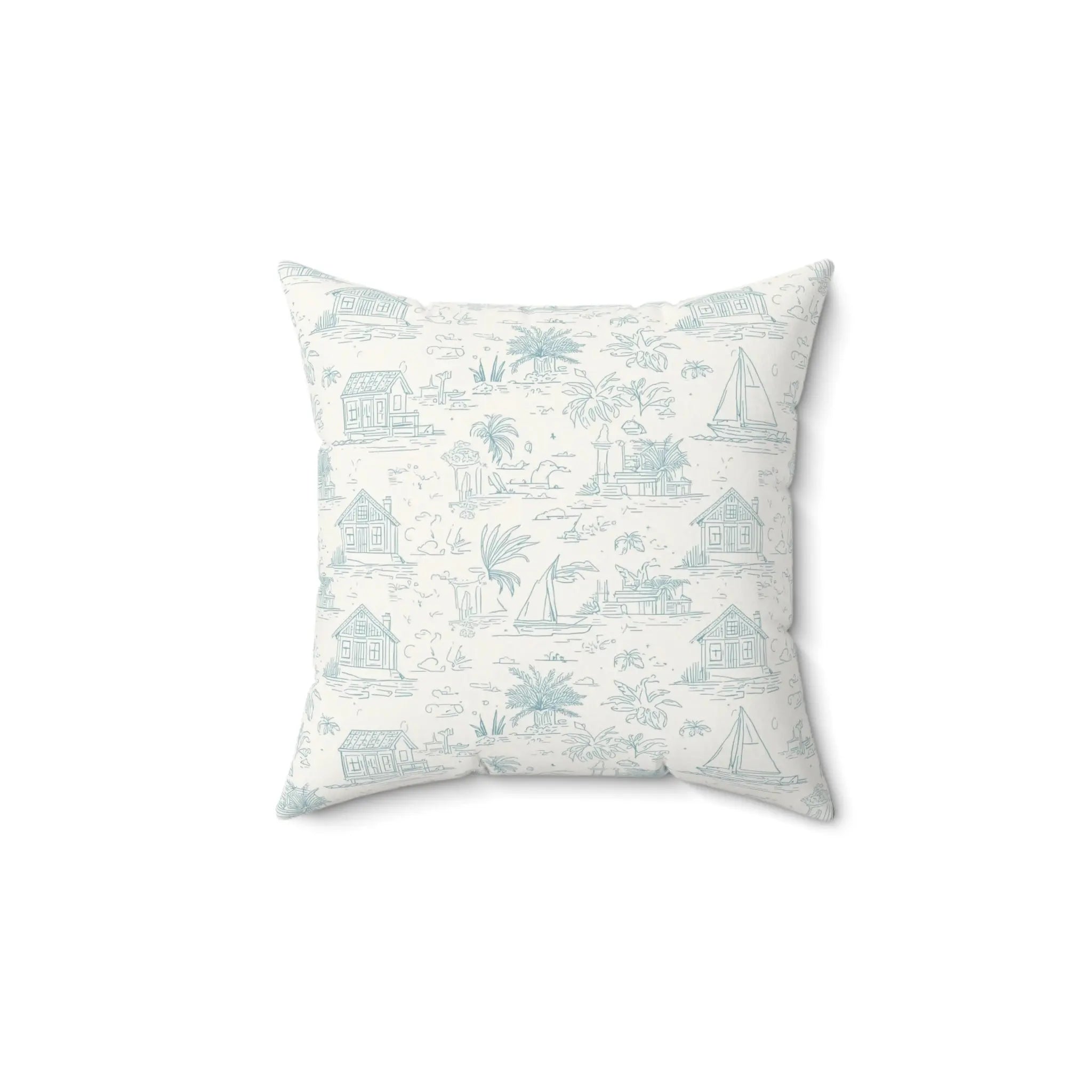Light blue coastal toile throw pillow featuring seaside houses, palm trees, and sailboats pattern.