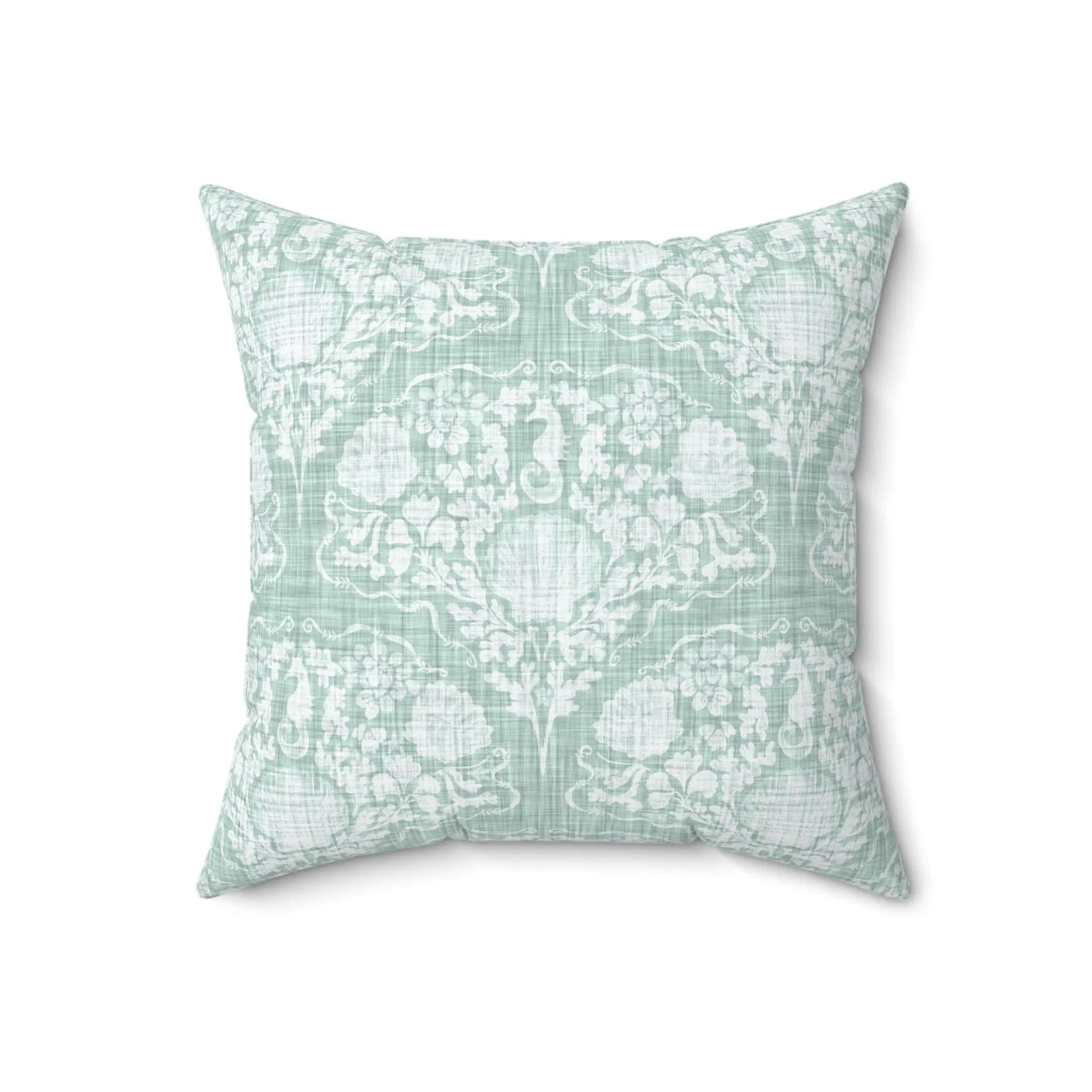 Coastal Crest Seahorse Pillow with seafoam damask pattern.