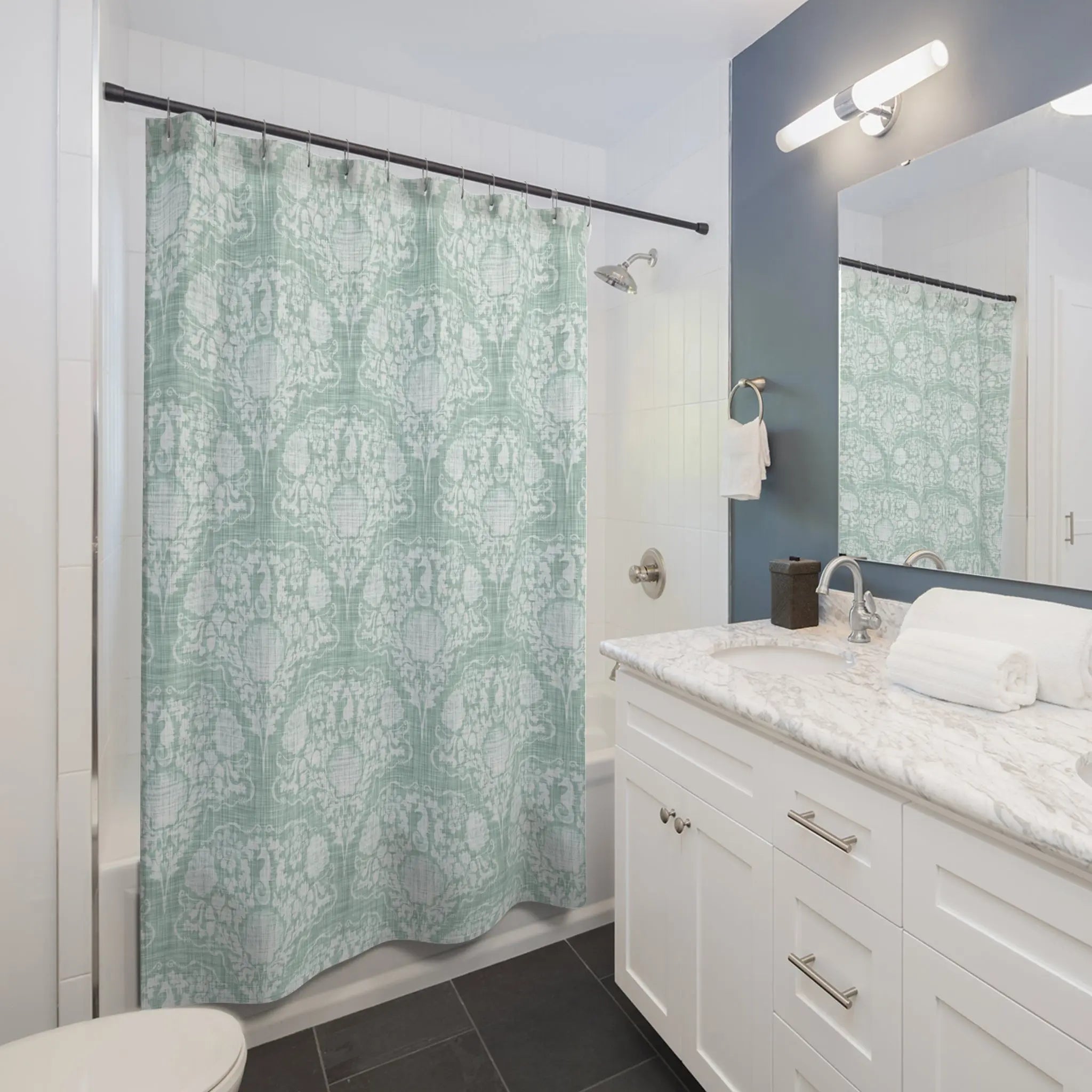 Coastal Crest Shower Curtain in seafoam green with vintage damask pattern, a soft coastal-cottage bathroom vibe.