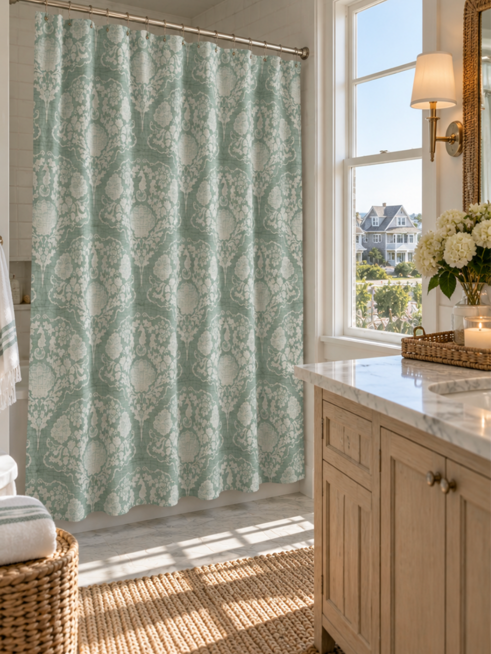 Sage green botanical damask shower curtain for coastal style bathroom decor