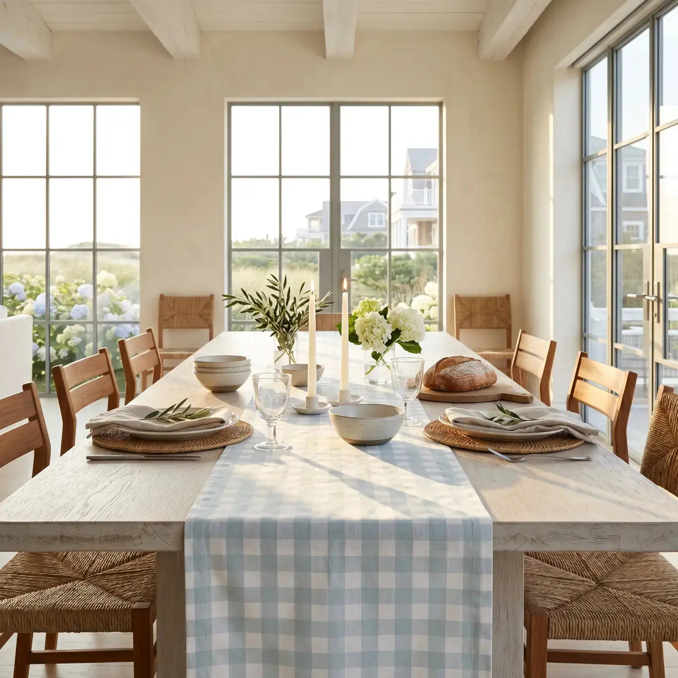 Seafoam green gingham check table runner on a light wood farmhouse dining table.