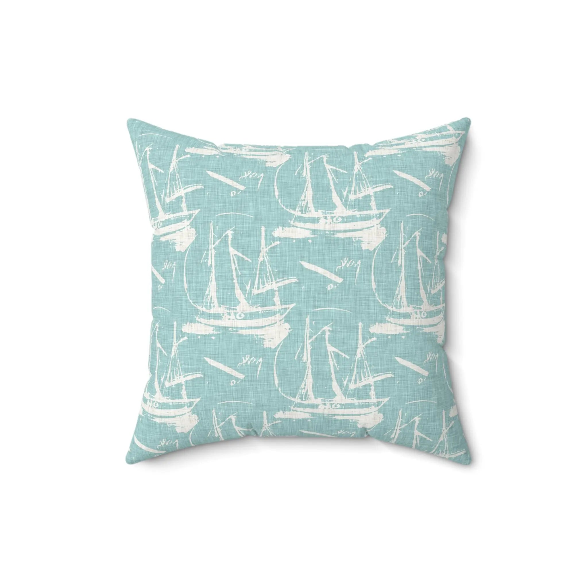 Marblehead Sail Throw Pillow with seafoam blue background and white sailboat silhouettes in a breezy coastal pattern.