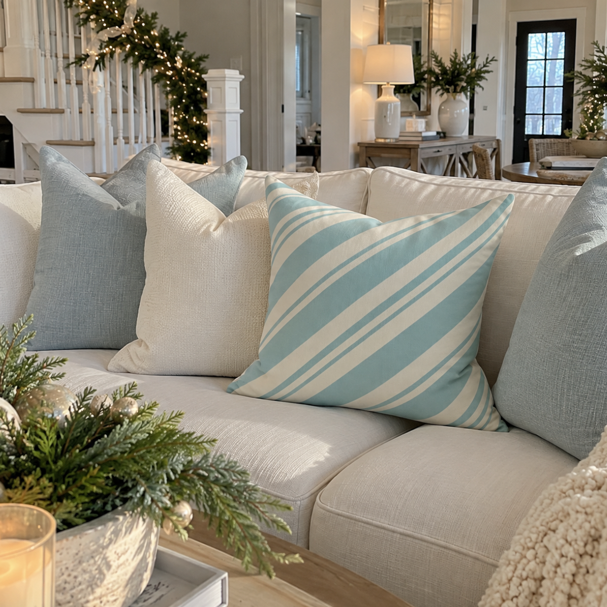 Soft seafoam peppermint Christmas pillow in a beach house style with diagonal cream stripes